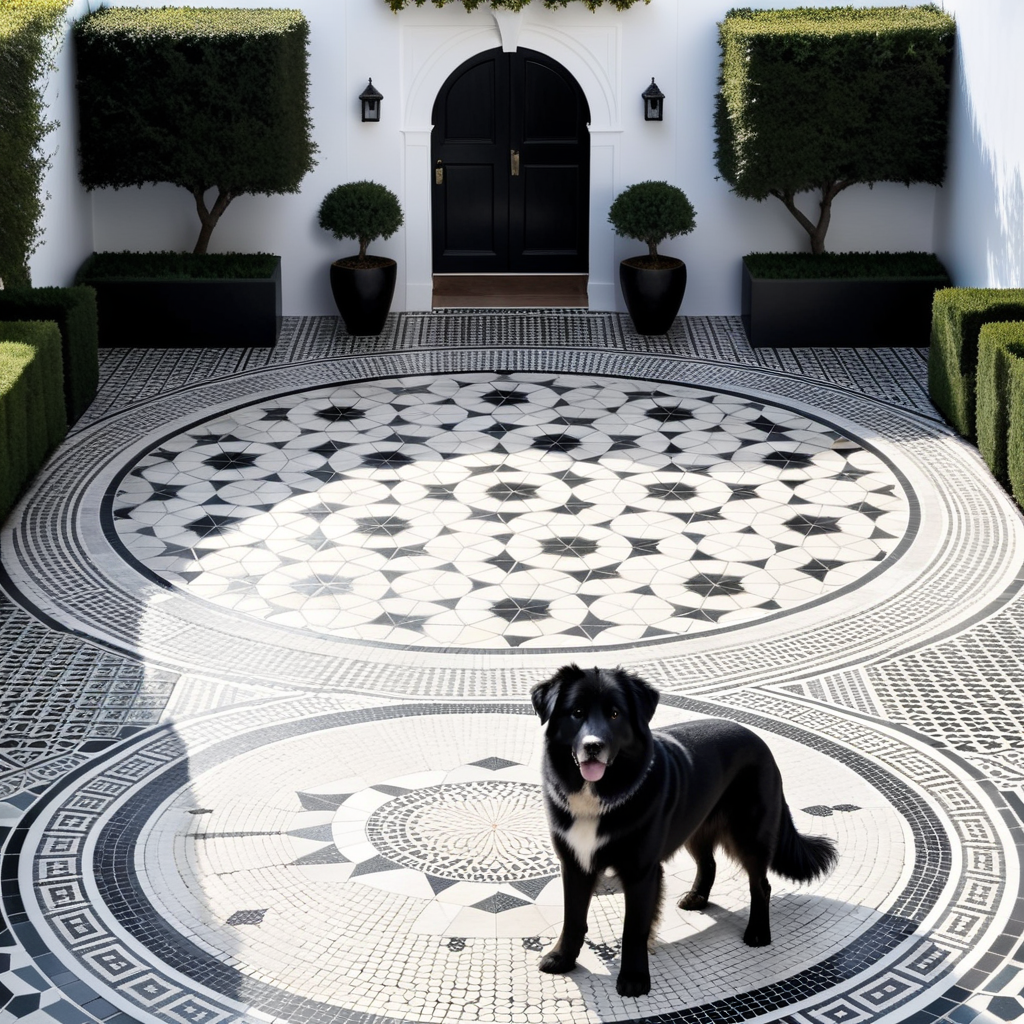 big-fluffy-dog-standing-in-front-ofround-penrose-tiled-patio-of-black-and-white-stones-in-geometric.png